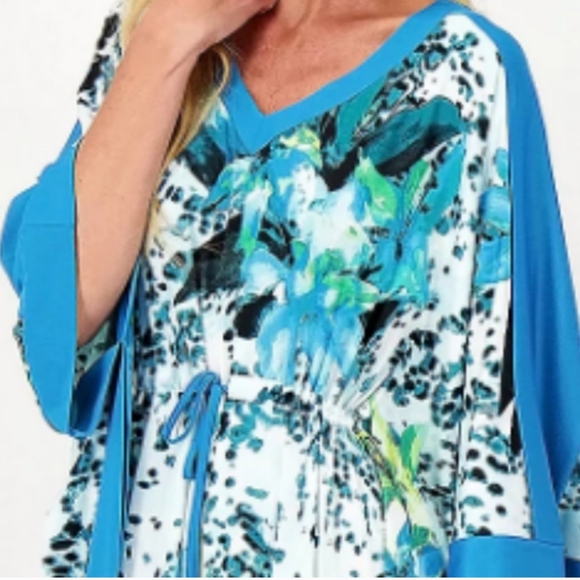 CAROLE HOCHMAN Tropical Cheetah Print Caftan Drawstring Waist Beach Cover Up XS - Picture 2 of 16